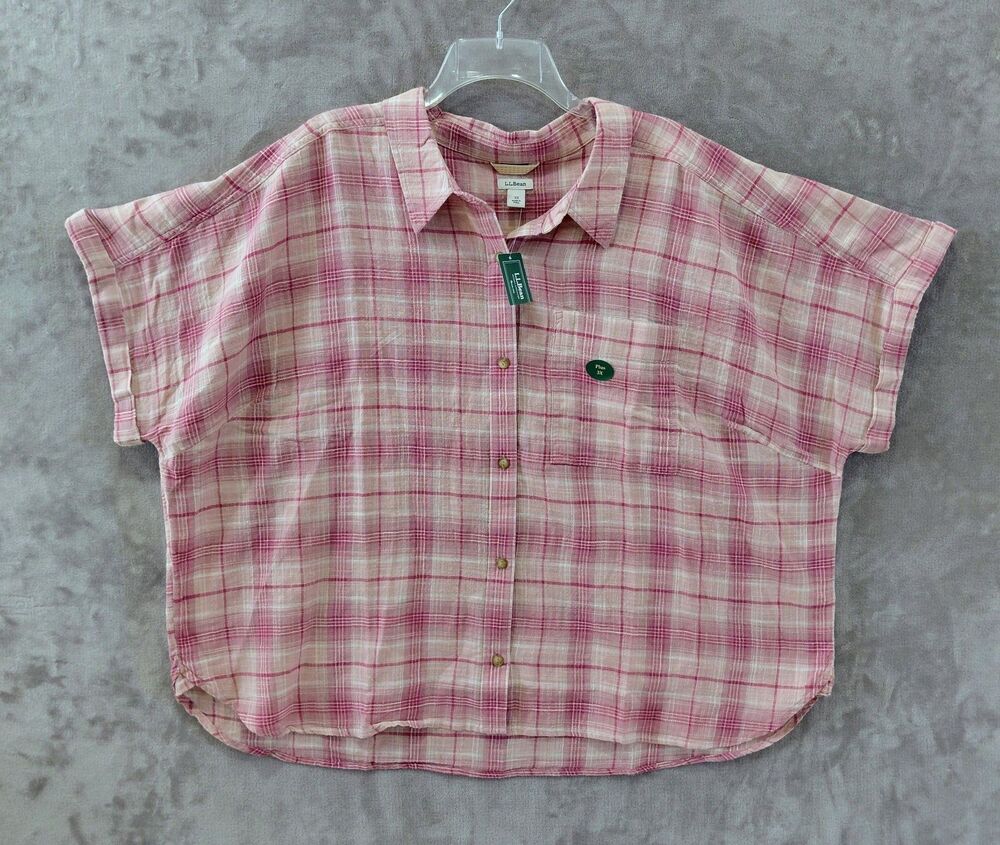 NEW LL Bean Day Breeze Plaid Short Sleeve Button Front Shirt Women's 3X Pink
